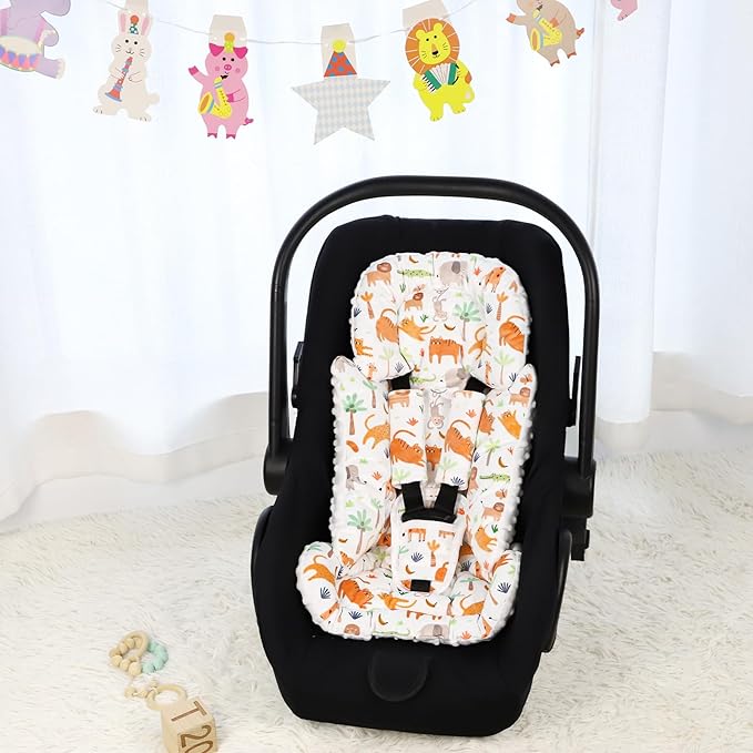 Infant Car Seat Insert, Soft Baby Car Seat Head & Body Support for Girl Boy, Reversible Newborn Preemie Carseat Insert Cushion with 3 Straps Pads Fits CarSeat, Stroller, Swing, Bouncer, Animals-BubblyBeeBaby