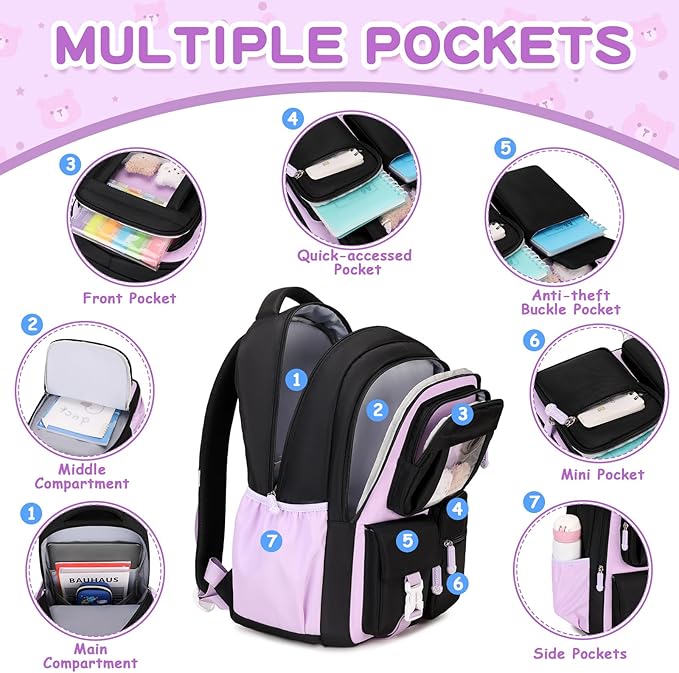 Kids Backpack for Girls School Bags for Middle School Students Book Bag for Elementary Primary Kawaii Ita Backpack, Black and Purple-BubblyBeeBaby