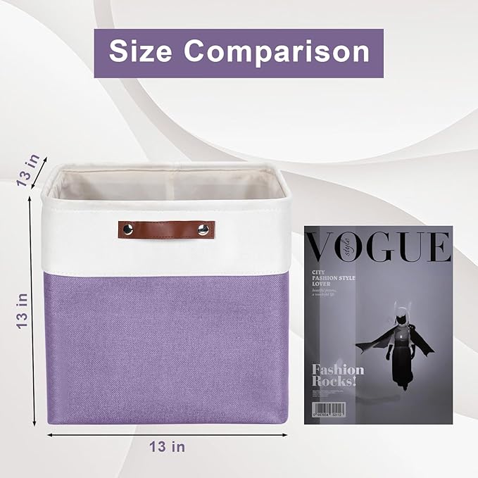 13x13 Cube Storage Bins, Collapsible Fabric Storage Box, 4 Pack Closet Baskets with Handles for Organizing, Shelf, Toys, Clothes, Home, Office, Nursery (Purple&White)-BubblyBeeBaby