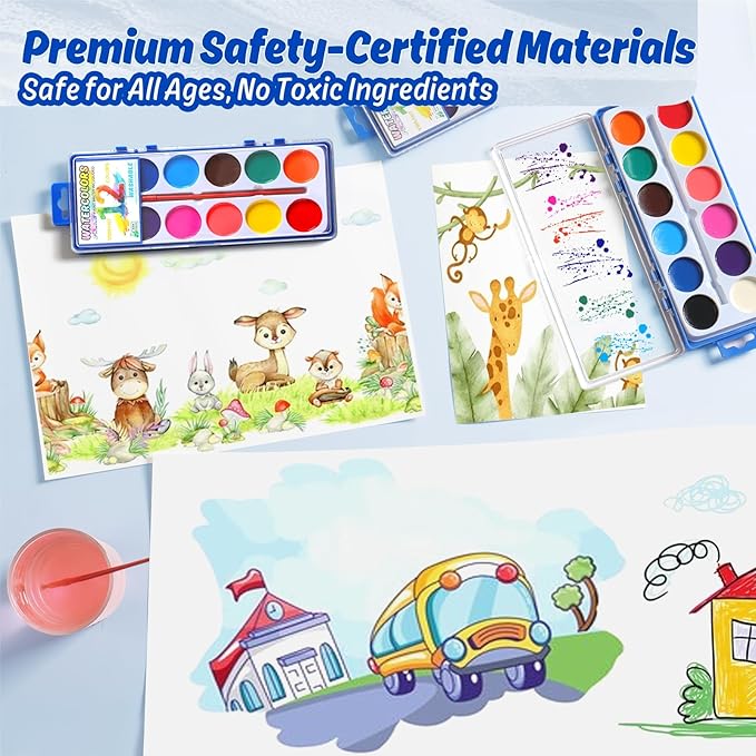 12 Packs Watercolor Paint Set Bulk, 12 Vibrant Colors Washable Watercolors with Brushes for Kids, Art Activities Painting Supplies for School Classroom Home-BubblyBeeBaby