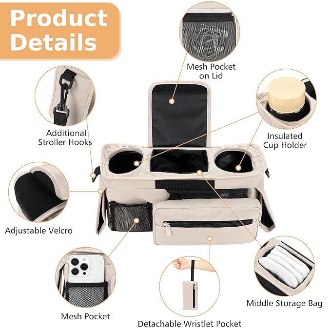 Accmor Universal Stroller Organizer with Insulated Cup Holder Detachable Phone Bag and Shoulder Strap,Stroller Bag Caddy Organizer Fits for Uppababy, Baby Jogger, Britax Strollers-BubblyBeeBaby