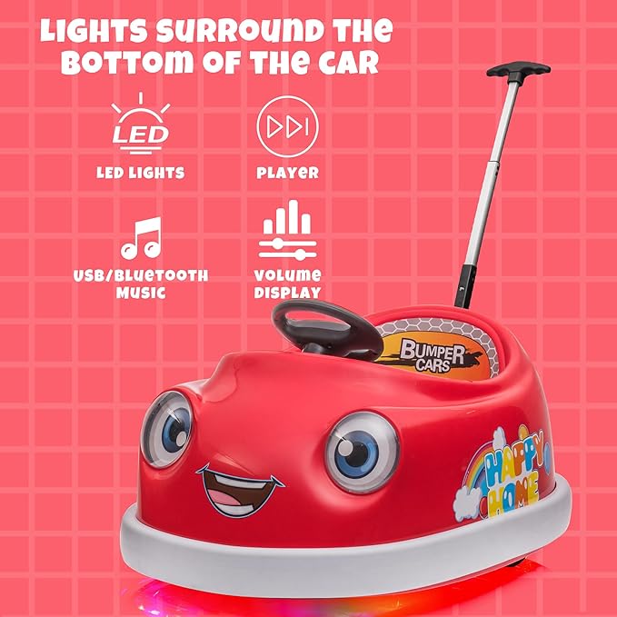 12V Dual Battery Electric Ride on Kids Bumper Car w/Remote Control,360 Degree Spin,Push Rod Rocker Horse Function,3-Speeds Babies & Toddlers Bumping Car Ride on Toy Gift for 1-4 Years Children (Red)-BubblyBeeBaby