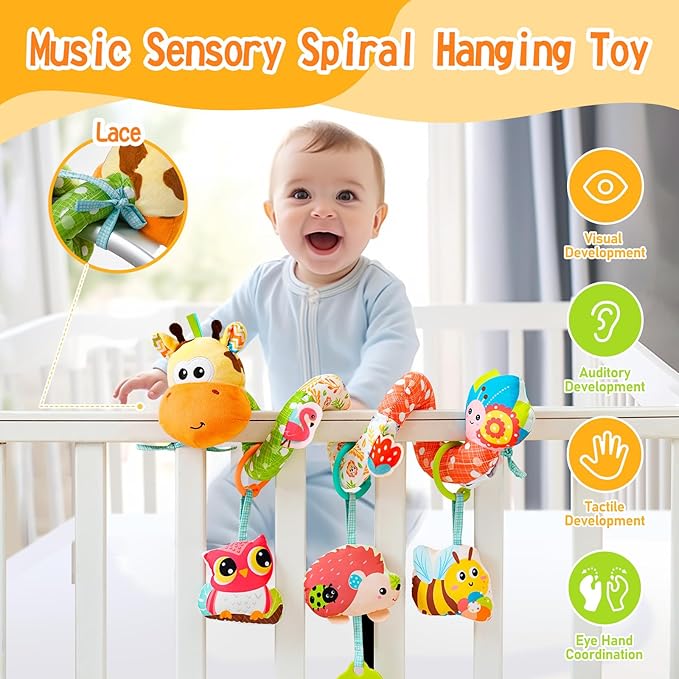Jollybaby Crib Stroller Car Seat Toys for Baby 0-3-6-9-12 Months, Tummy Time Hanging Sensory Toys for Newborn with Music Box and Teether, Spiral Carseat Toy for Infant Boys Girls Gifts (Yellow)-BubblyBeeBaby