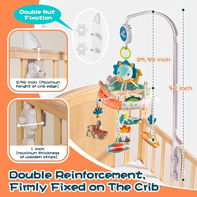 Jollybaby Nursery Baby Automatic Rotating Dinosaur Crib Mobile with Music Box & Arm, Montessori Sensory Musical Hanging Toy for Bassinet, Newborn Clip on Crib Mobile Soother Toy Gift, Polyester-BubblyBeeBaby