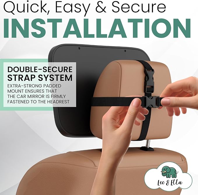 Leo and Ella - Baby Car Mirror - Extra Large & Ultra Clear Infant View, Crash Tested Shatterproof Design w/ 360° Adjustable Mount, Premium Car Mirror For Baby-BubblyBeeBaby