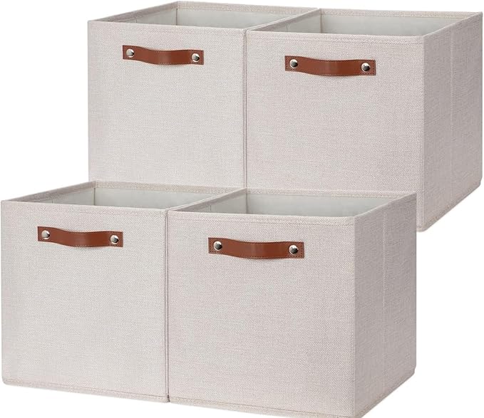 HNZIGE Fabric Storage Cubes Set of 4,12 x 12 Storage Baskets,Cloth Storage Bins for Organizing with Handles,Closet Baskets for Organizing Home Nursery(Gream)-BubblyBeeBaby