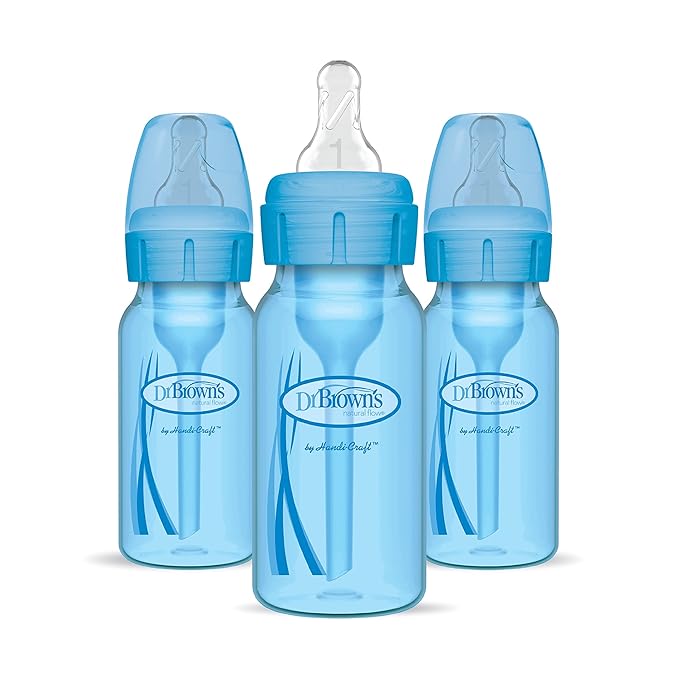 Dr. Brown’s Natural Flow® Anti-Colic Options+™ Narrow Baby Bottles 4 oz/120 mL, with Level 1 Slow Flow Nipple, 3 Pack, 0m+ Blue-BubblyBeeBaby