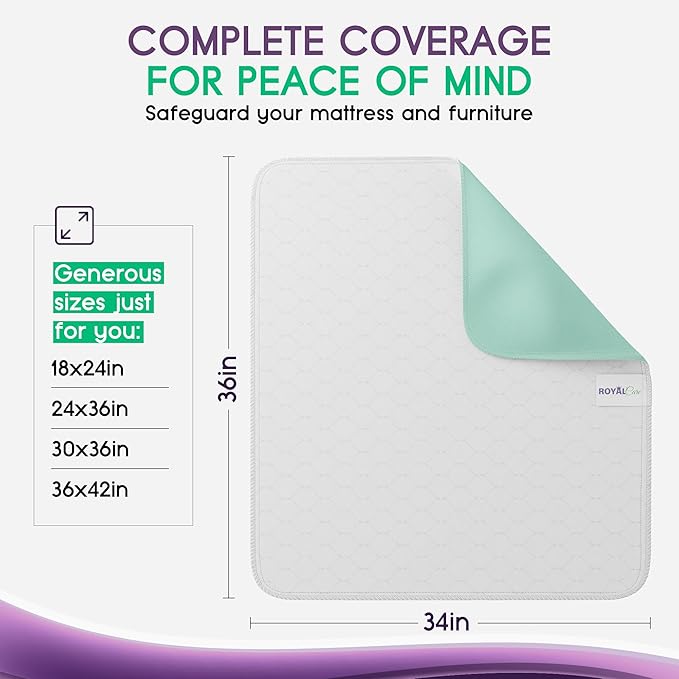 Incontinence Bed Pads - 4 Pack 34" x 36" Reusable Waterproof Mattress Protectors - Highly Absorbent, Machine Washable - for Children, Pets and Seniors - Multi Color - Royal Care-BubblyBeeBaby