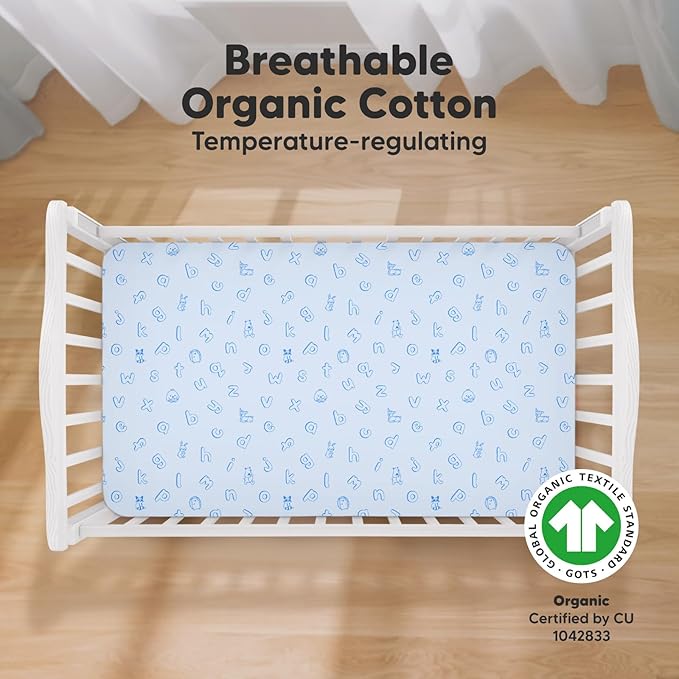 KeaBabies 2-Pack Organic Crib Sheets for Boys, Girls - 52x28 Fitted Crib Mattress Sheet Neutral, Breathable Jersey Cotton Cover for Baby Bed, Toddler Mattress, Soft & Cute Prints (ABC Land Sky)-BubblyBeeBaby