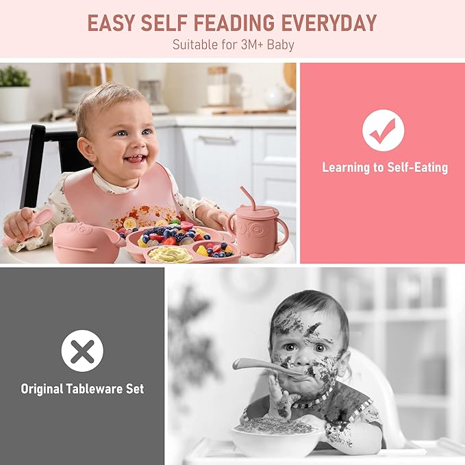 Baby Weaning Set - Silicone Toddler Feeding Set (10 Pcs) with Adjustable Bib, Suction Bowl, Plate, Fork, Spoon, Water & Snack Cup Kit - Baby Led Weaning Kit-BubblyBeeBaby