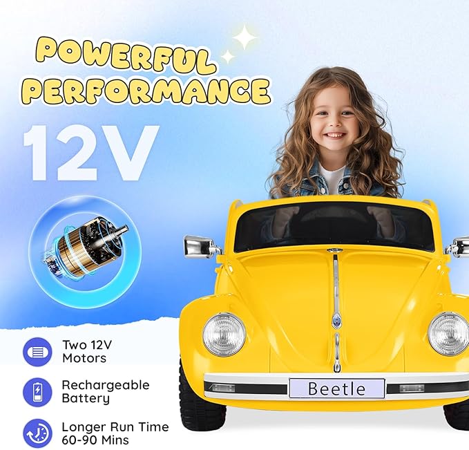 12V Kids Electric Car, Power Wheels with Remote Control, Ride on Car Toys with LED Light, 3 Speeds, Music, Yellow-BubblyBeeBaby
