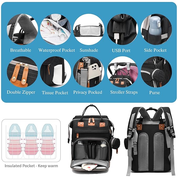 Jeryswet Baby Diaper Bags with Changing Station, Waterproof Large Capacity Diaper Bag Backpack for Moms Dads with USB Charging Port and Stroller Straps, Baby Shower Gifts, Black-BubblyBeeBaby