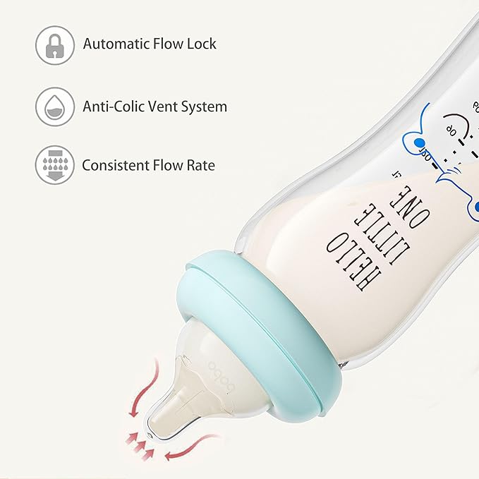 YOHKOH Natural Glass Baby Bottle with Natural Response Nipple, Newborn Anti-Colic Baby Bottles, Wide Neck Mushroom Cap Baby Bottle, Clear (8.8ounce (Pack of 4), Blue1)-BubblyBeeBaby