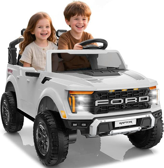 24V Ride on Car Licensed Ford F-150 Raptor, Kids Electric Car with Remote Control, LED Light/Music/MP3, Truck Bed Storage, 3-Point Seat Belt (24V, White)-BubblyBeeBaby