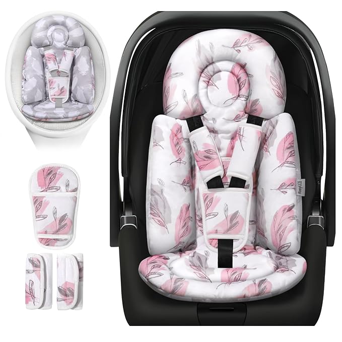 Upgraded Infant Car Seat Insert, 2-in-1 Reversible Baby Car Seat Head Support with 3 Strap Covers, All Seasons Newborn Car Seat Insert and Baby Carseat Cushion for Stroller, Swing, Rocker, Bassinets-BubblyBeeBaby