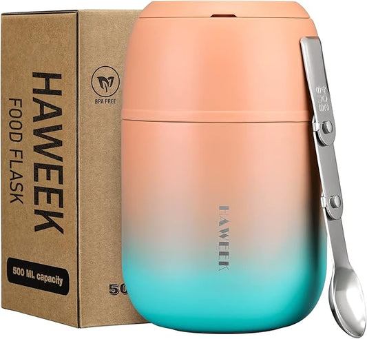 Insulated Food Container 17 oz Soup Thermo for Hot Food Adults, Stainless Steel Vacuum Lunch Box with Folding Spoon, Adult Kids Thermo Portable with Handle for School, Office, Outdoor-BubblyBeeBaby