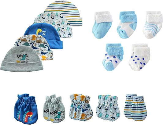 15 Pack Unisex New Born Boy Girls Hats Mittens Socks Sets Cotton Soft Infant Accessory 0-6 Months Baby Essentials-BubblyBeeBaby