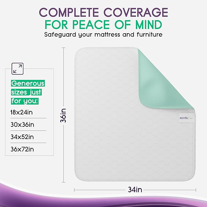 Incontinence Bed Pads - 4 Pack 34"x36" Reusable Waterproof Mattress Protectors - Highly Absorbent, Machine Washable - for Children, Pets and Seniors - Green - Royal Care-BubblyBeeBaby