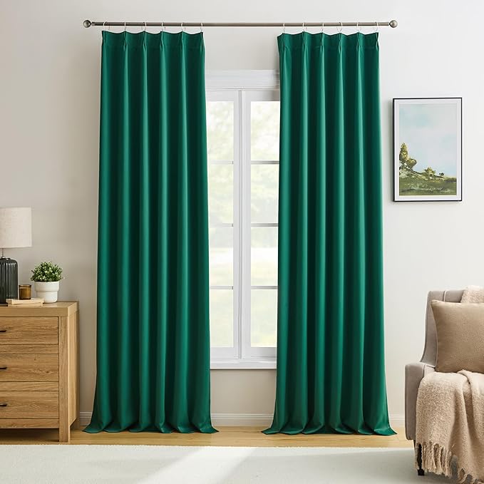 KEQIAOSUOCAI Dark Hunter Green Window Draperies 108 Inches Long 9 FT Tall, Pinch Pleat Room Darkening Thermal Insulated Curtains for Living Room Emaerald Green 40 x 108-inch 2 Panels-BubblyBeeBaby