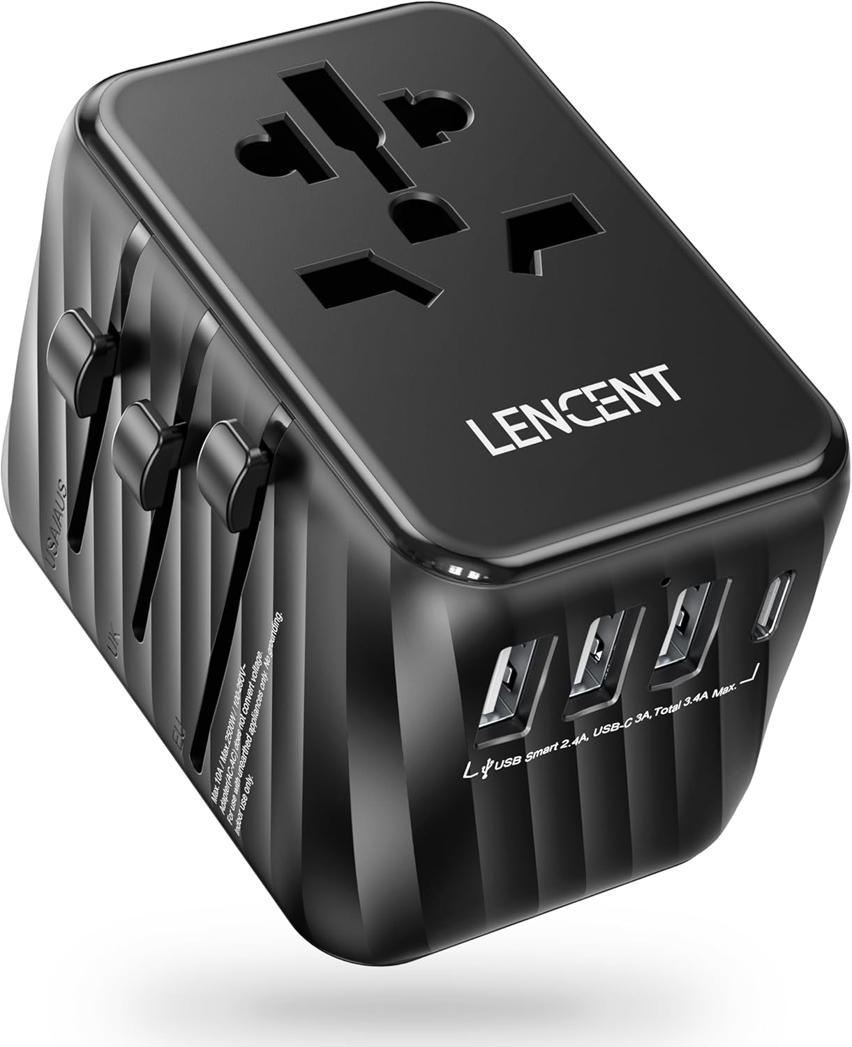 LENCENT Universal Travel Power Adapter, International AC Plug Adaptor with 3 USB A Ports 1 Type C PD Wall Charger Worldwide Travel Essentials for US to EU UK Ireland Australia (Type C/G/A/I) Black