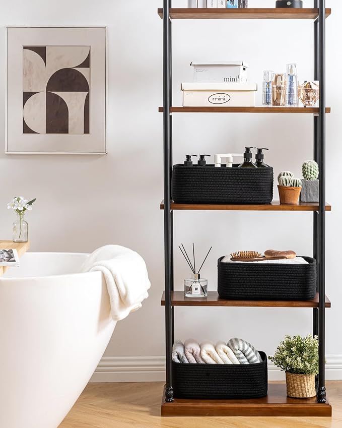 KALLAX Small Woven Basket, 13.5 x 9.5 x 5 Inches, Storage Basket for Organizing, Cute Small Rope Shelf Closet Cube Storage Bins Baskets for Shelves, Dog Toy Gift Baskets Empty, 3 Packs, Black-BubblyBeeBaby