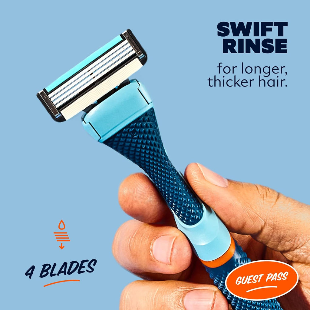 Dollar Shave Club | The Guest Pass Shave Set | 2 Swift Rinse Refill Cartridges, 1 Handle (Blue), 1 Razor Cover, Razors for Men