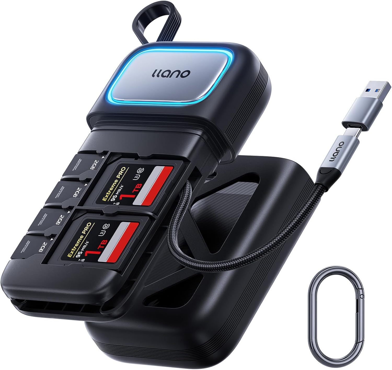 llano 2-in-1 High-Speed SD/Micro SD Card Reader Adapter(UHS-I Supported),Holder Case, Built-in Slot Storage, Compatible with iPhone, Android, PC, MacBook, Laptop, Dual Slot, USB Type-C 3.2 Gen1