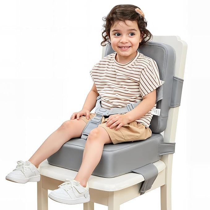 HOMEAL Booster Seat for Kitchen Chair - Compact Toddler Dining Seat with Easy-Install Straps & Wipeable Surface - Breathable Fabric Booster Seat for Table - Light Gray-BubblyBeeBaby