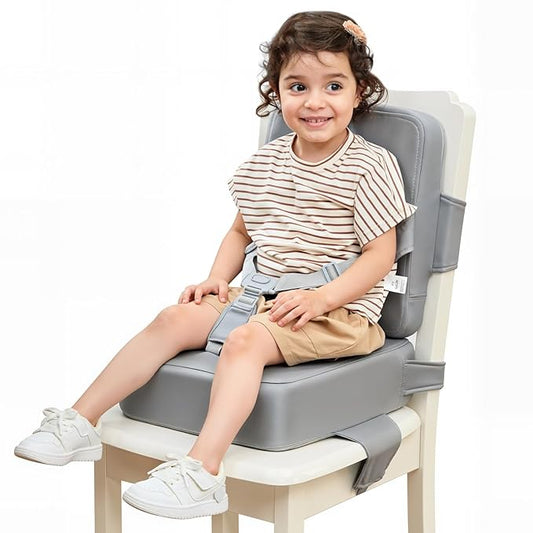 HOMEAL Booster Seat for Kitchen Chair - Compact Toddler Dining Seat with Easy-Install Straps & Wipeable Surface - Breathable Fabric Booster Seat for Table - Light Gray-BubblyBeeBaby