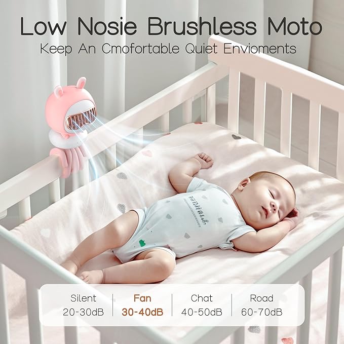 Cute Bunny Stroller Fan Clip On for Baby, Bladeless Fan 4000mAh Rechargeable Battery Operated, Flexible Tripod, 4 Speeds, Auto Oscillating, Small Cooling Fan for Kids-BubblyBeeBaby