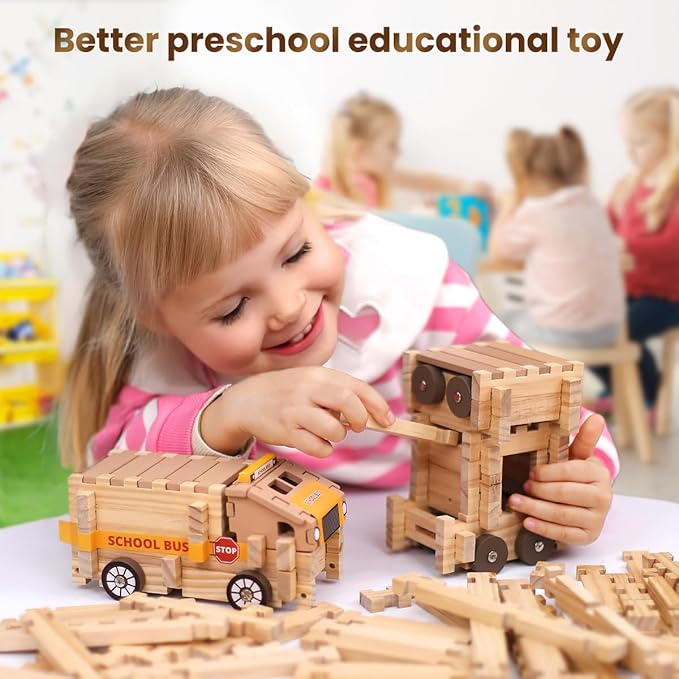 Jovi-mindly＆Notchies Wooden Blocks Train Set 101 PCS Create 40+ Shapes,Toys Educational Wooden Building Blocks Puzzles for Kids Ages 5-8 Boys and Girls,Truck/Excavator,FSC Certified,Graduate Gifts-BubblyBeeBaby