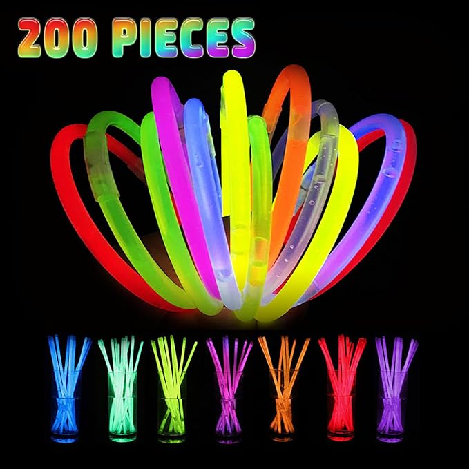 200 Pcs Glow Sticks Bulk Party Pack, 8'' Glow in the Dark Party Supplies, Glow in the Dark Light Up Sticks with Connectors, Party Favors for Birthday, Concert, Raves, Halloween, Christmas-BubblyBeeBaby