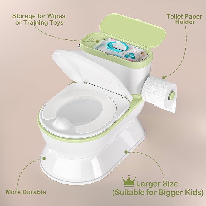 2-in-1 Toddler Potty Training Toilet - Larger Potty Chair & Detachable Training Seat for Boys & Girls Ages 1-3 with Flushing Sound, Wipes Storage, Toilet Paper Holder - Green-BubblyBeeBaby