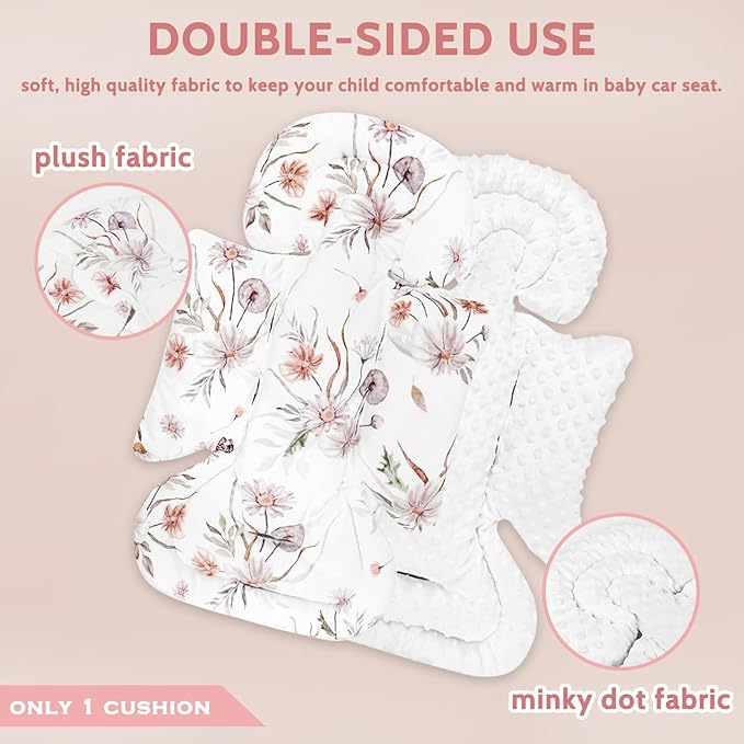 Infant Car Seat Insert and Strap Covers, Very Soft Car Seat Head Support Baby Girl Boy, Reversible Newborn Carseat Insert Cushion Fits for Stroller, Baby Swing, Bouncer (White Flower)-BubblyBeeBaby