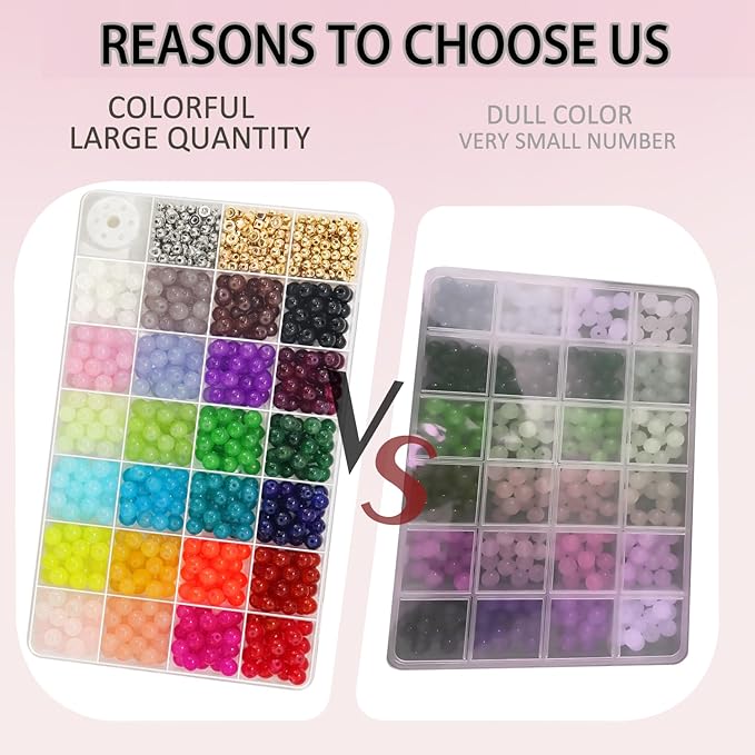 JULIMAIDONG 8mm Glass Beads for Bracelets 2100pcs, 48 Colors Round Crystal Glass Bracelet Making Kit for Jewelry Making Kits Bead DIY Crafts with Spacer Charms Accessories (48Color(Solid+Printing)-BubblyBeeBaby