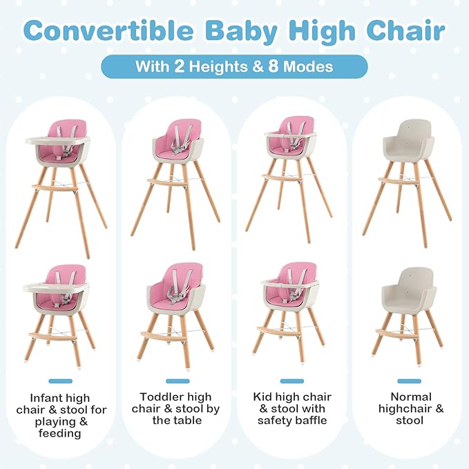 HONEY JOY High Chair, 3-in-1 Eat & Grow Wooden Highchair/Booster Seat/Toddler Chair with Removable Tray, 5-Point Harness, PU Cushion and Footrest for Baby, High Chair for Babies and Toddlers(Pink)-BubblyBeeBaby
