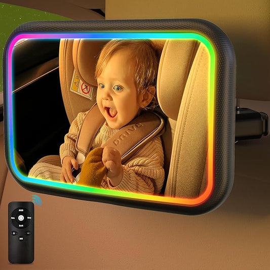 Baby Car Mirror with Light, 7 RGB Light Rear Facing Baby Car Seat Mirror with Remote Control Rechargeable 360° Rotation Hook Clip Design Wide View Shatterproof-BubblyBeeBaby