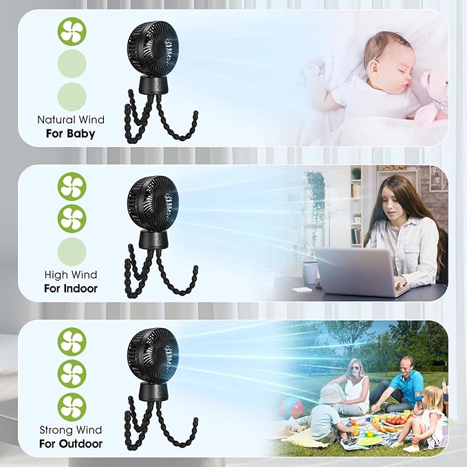 50H Portable Stroller Fan, 15000mAh Ultra-Long Battery Powered Rechargeable Personal Fans, Tripod Clip Fan with Auto Rotation，3 Speed Desk Handheld Cooling for Travel Car Seat Bedroom-BubblyBeeBaby