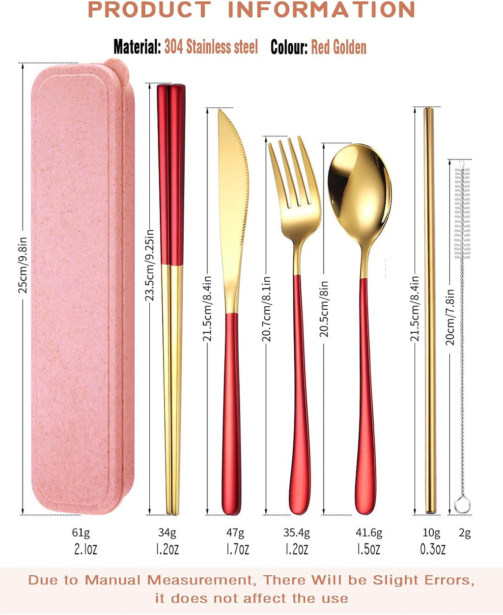 AARAINBOW 6 Pieces 18/8 Stainless Steel Flatware Set Portable Reusable Cutlery Set Travel Utensils Set Including Chopsticks Knife Fork Spoon Straws Cleaning Brush Dishwasher Safe (Red golden)
