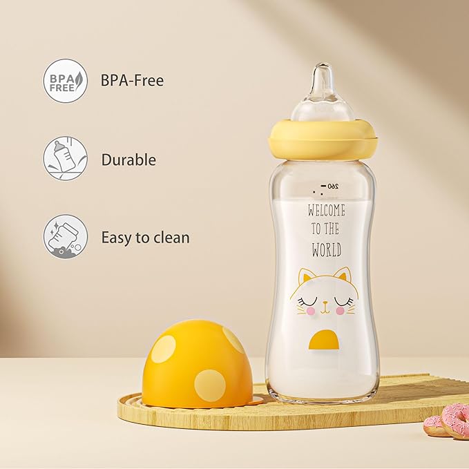 YOHKOH Natural Glass Baby Bottle with Natural Response Nipple, Newborn Anti-Colic Baby Bottles, Wide Neck Mushroom Cap Baby Bottle, Clear (8.8ounce (Pack of 4), Yellow1)-BubblyBeeBaby