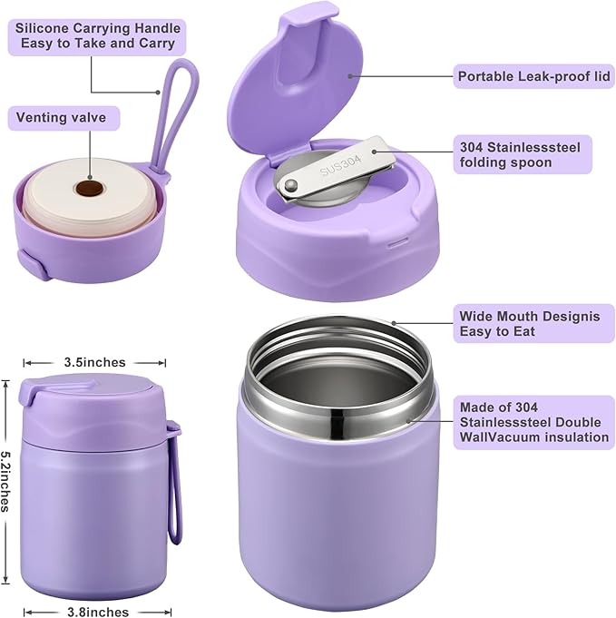 17oz Soup Thermo for Hot Food Kids,Insulated Food Jar with Spoon,Thermo Hot Food Lunch Container,Wide Mouth Leakproof Stainless Steel Lunch Box for School-Purple-BubblyBeeBaby