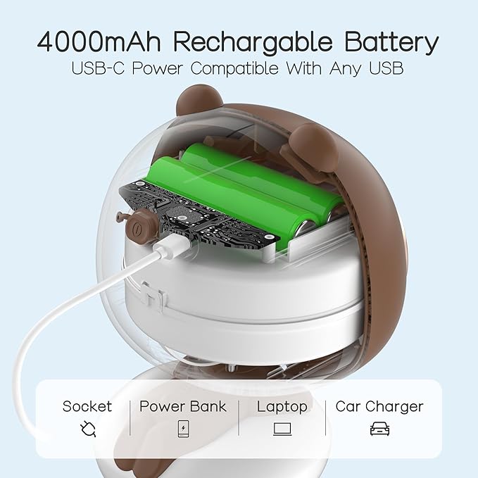 Cute Bear Stroller Fan Clip On for Baby, Portable Bladeless Fans 4 Speeds Oscillating, 4000mAh Rechargeable Battery Powered, Flexible Tripod Strong Cooling for Bedside Crib Car Seat-BubblyBeeBaby