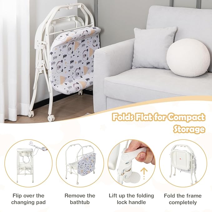 HONEY JOY Baby Changing Table with Bathtub, Foldable Infant Diaper Changing Station with Wheels, Storage Tray, Waterproof Pad, Portable Newborn Nursery Organizer Bath Stand for Boys Girls (White)-BubblyBeeBaby