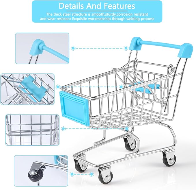 134pcs Mini Shopping Cart Basket Miniature Food Drink Bottle Supermarket Metal Handcart Toys Doll House Store Cosplay Game Dollhouse Grocery Fruit Cake Bread Party Trolley Model Dollar Bills-BubblyBeeBaby