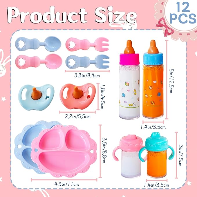 12 Pcs Baby Doll Accessories Magic Bottle set,Pretend Play Feeding Toy Set with Package,Doll Feeding Set for Kids Girls,Magic Disappearing Juice Milk Bottles,Sippy Cups,Pacifiers,Bowl Spoons-BubblyBeeBaby