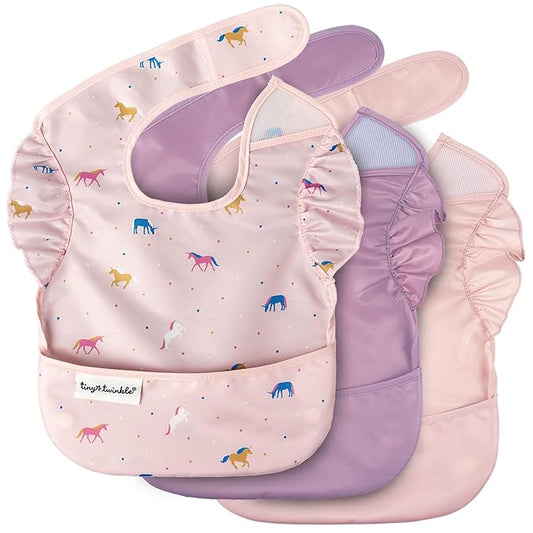 Tiny Twinkle Mess-Proof Baby Bib - Waterproof Bib for Baby Girl - Machine Washable - Adjustable Closure - PVC, BPA, & Phthalate Free - Great for Travel - Baby Food Bibs (3 Pack, Unicorn Set)-BubblyBeeBaby