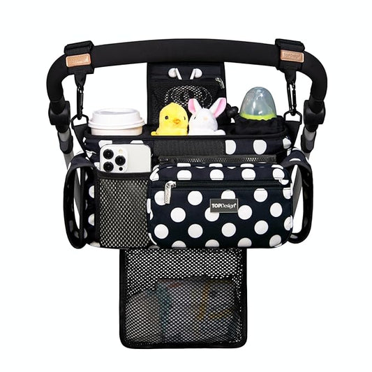 TOPDesign Universal Baby Stroller Organizer, Stroller Caddy with Detachable Mesh Bag & Heightened Insulated Cup Holders & Non-Slip Secure Hooks Accessories, Fits Most Strollers (Polka Dots)-BubblyBeeBaby