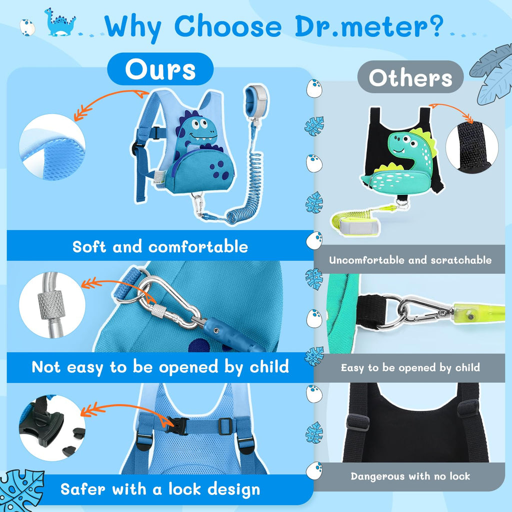 Dr.meter 3 in 1 Toddler Harness Leash + 8.2ft Anti Lost Wrist Link, Cute Dinosaur Kids Safety Harness with Key Lock, Child Walking Harness Assistant Strap for Outdoor Activity Travel