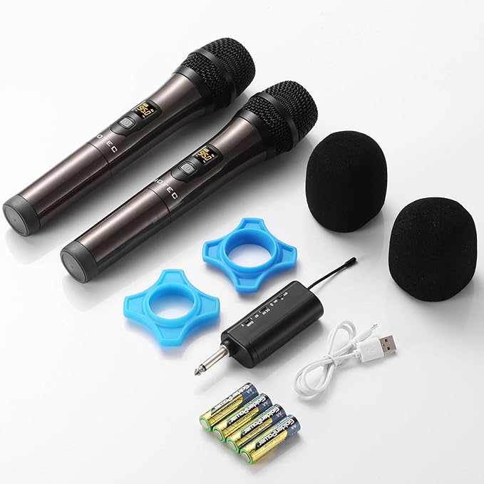 HOTEC UHF Wireless Dual Handheld Microphones with Rechargeable 1/4” Output Mini Portable Receiver for Live Performance Over PA, Mixer, Speaker (H-U26C)-BubblyBeeBaby