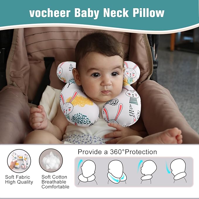 vocheer Baby Travel Pillow(Upgraded), Head and Neck Support Pillow for Pushchair, Car Seat,Stroller, Bouncer, Cotton(Rabbit)-BubblyBeeBaby